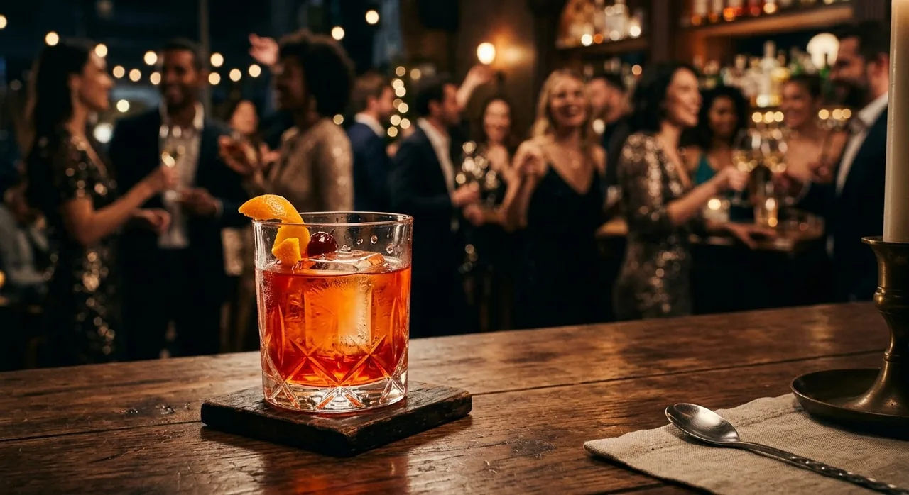 Negroni servido en las rocas con cáscara de naranja y cereza, sobre una barra de madera